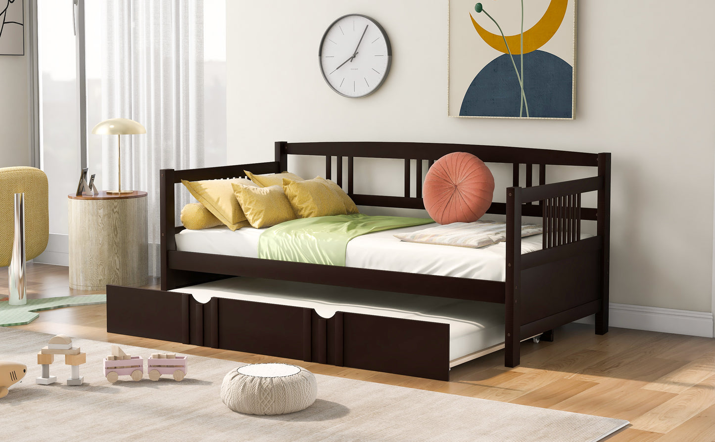 Dark wood daybed with pullout trundle ideal for guest rooms and small spaces