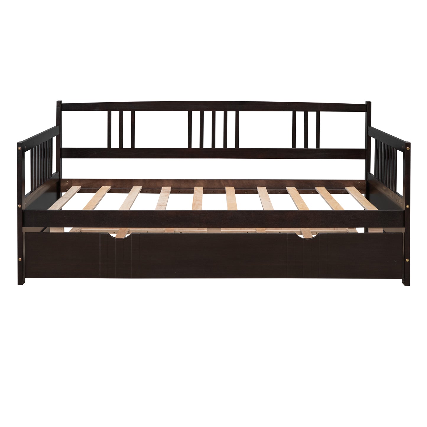 Dark brown wooden daybed with slatted support and integrated drawers