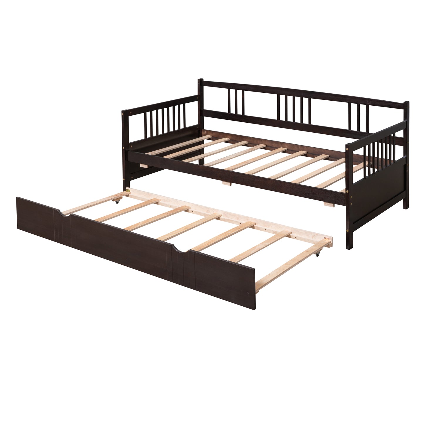 Dark brown wooden daybed with pullout trundle bed featuring slatted support