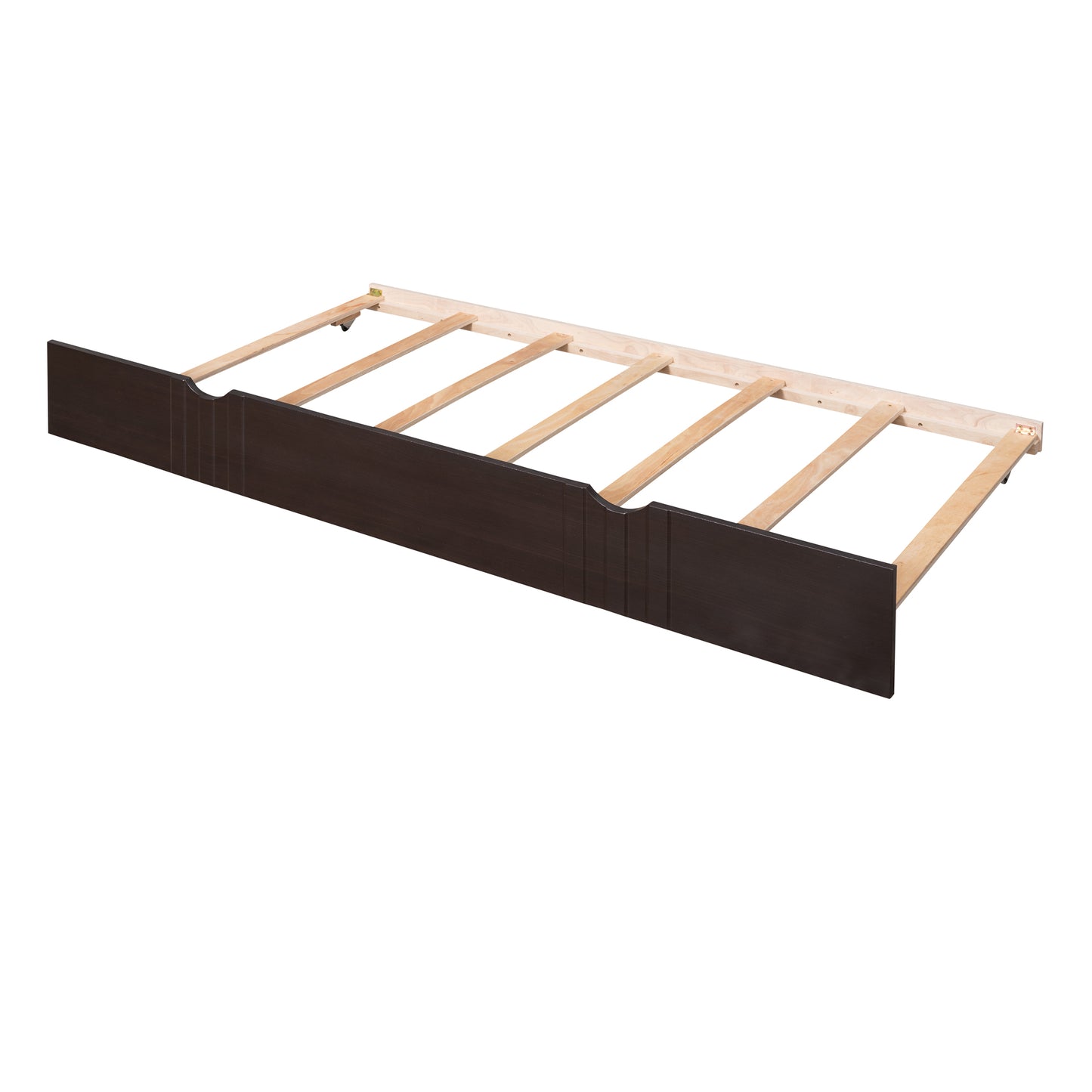 Dark brown wooden toddler bed frame with natural wood slats
