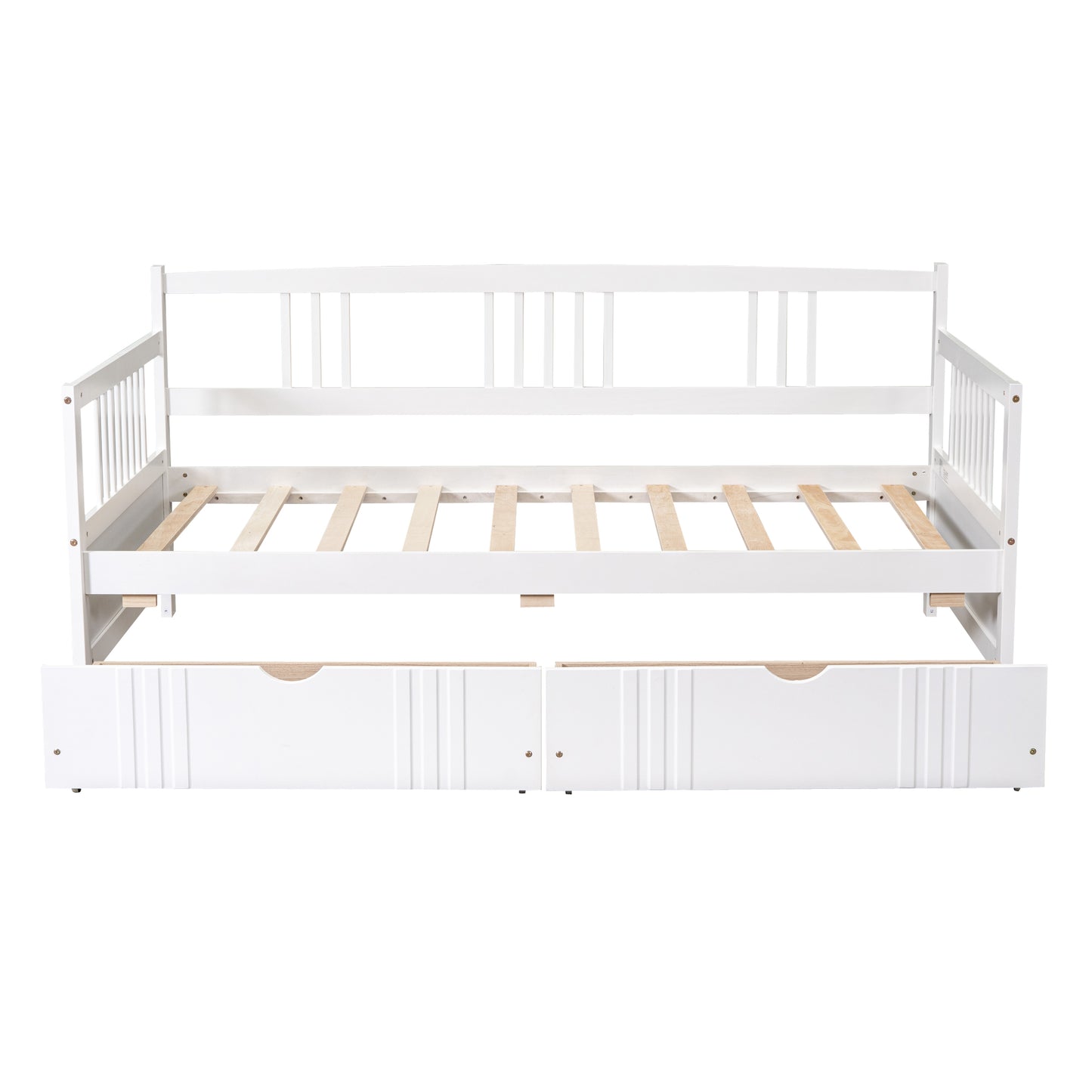 White wooden daybed with pullout drawers and slatted support