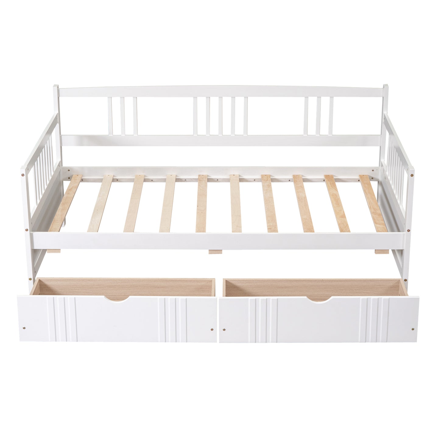 White wooden daybed with two underbed storage drawers