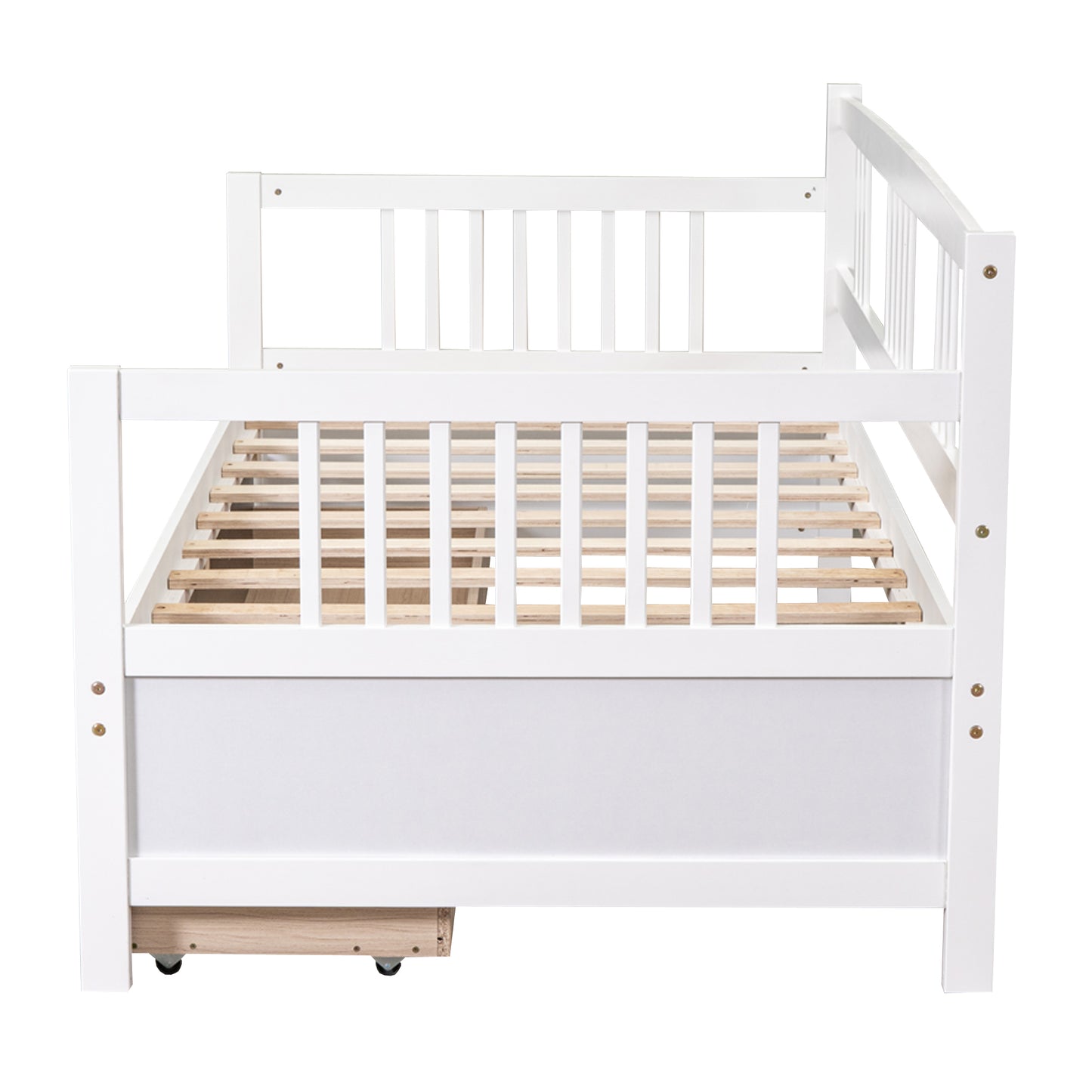 White wooden daybed with slatted frame and a hidden drawer on casters