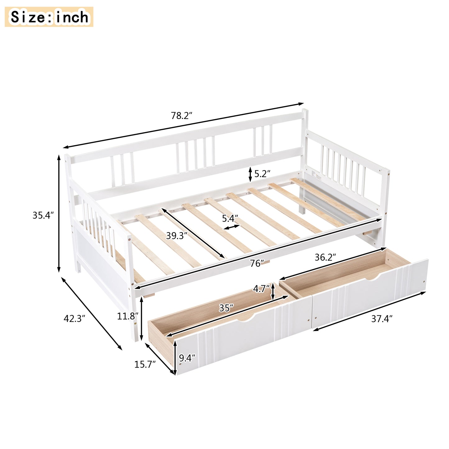 White wooden daybed with drawers dimensions L x W x H