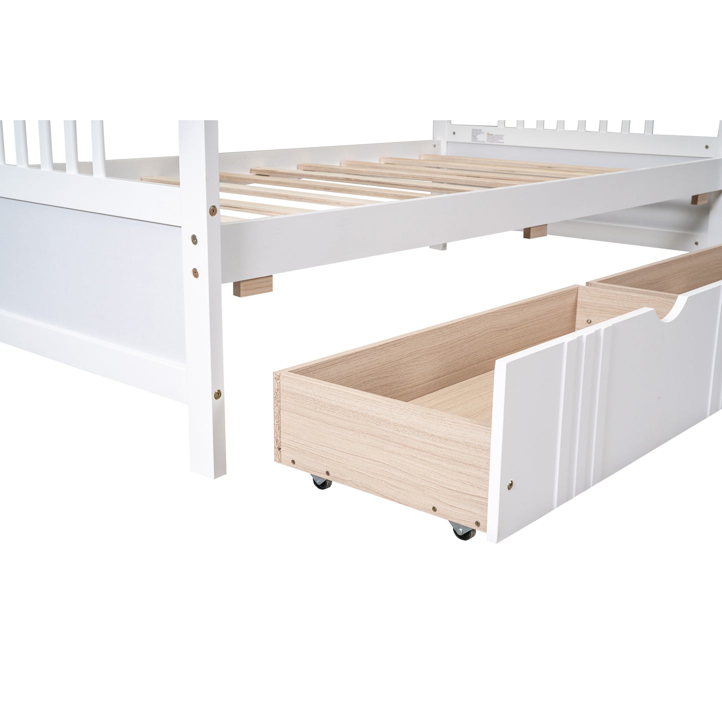 White wooden bed frame with partially extended storage drawer