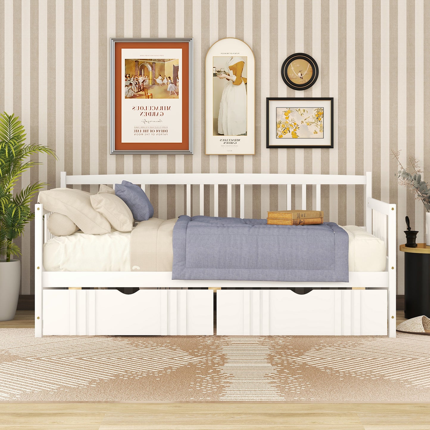 White wooden daybed with integrated storage drawers and linen bedding
