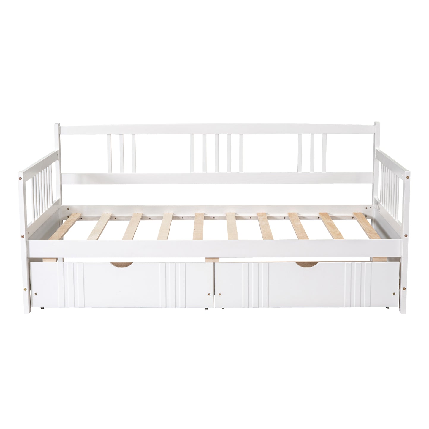 White wooden daybed with slatted base and two drawers