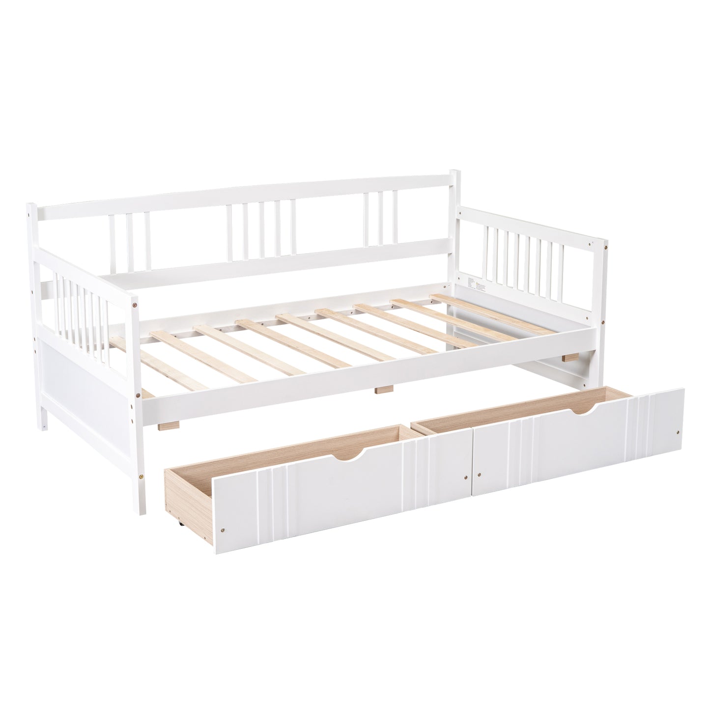 White wooden daybed with slatted frame and two pullout storage drawers