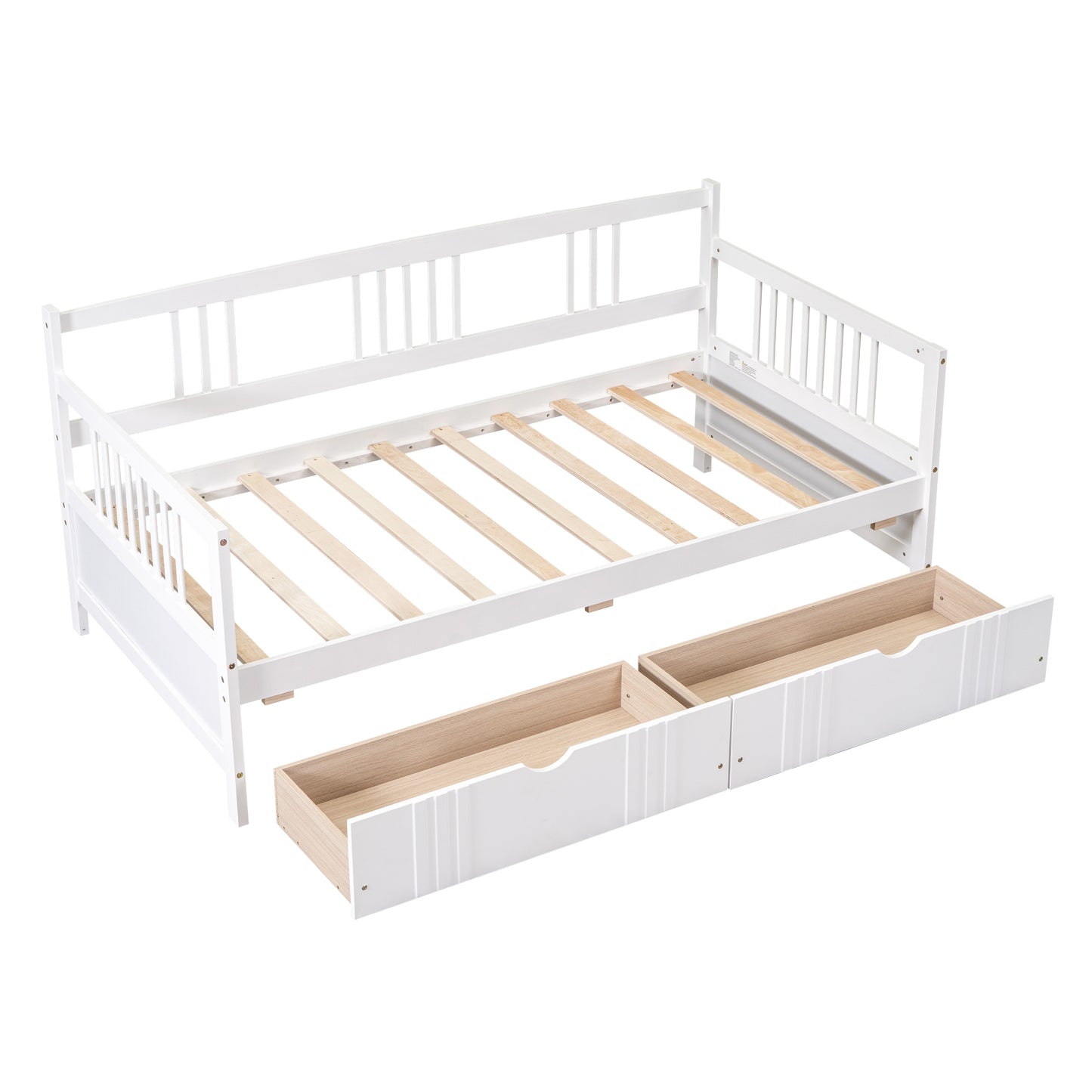 White wooden daybed with slatted frame and two pullout storage drawers