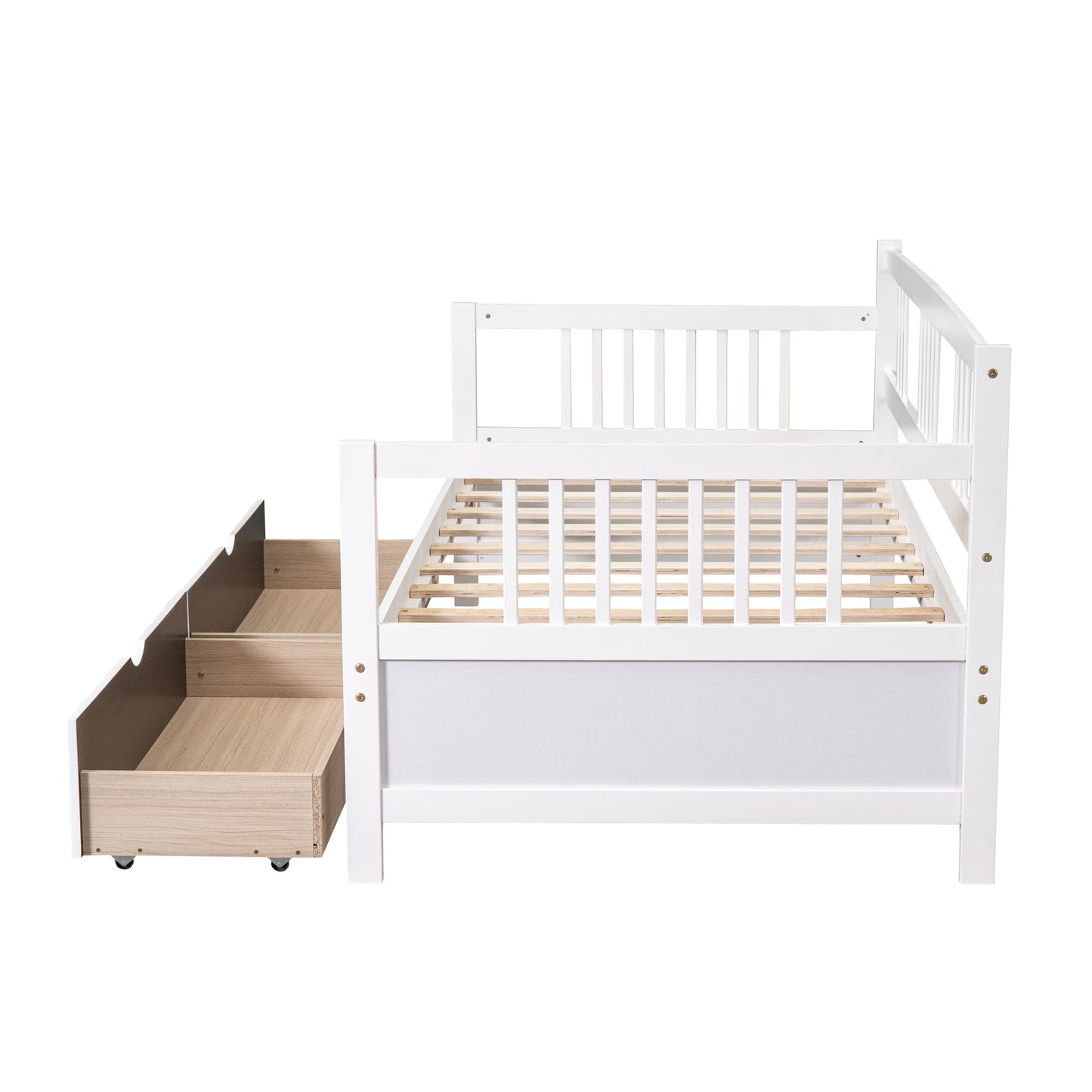 White wooden daybed with two pullout storage drawers and slatted mattress support