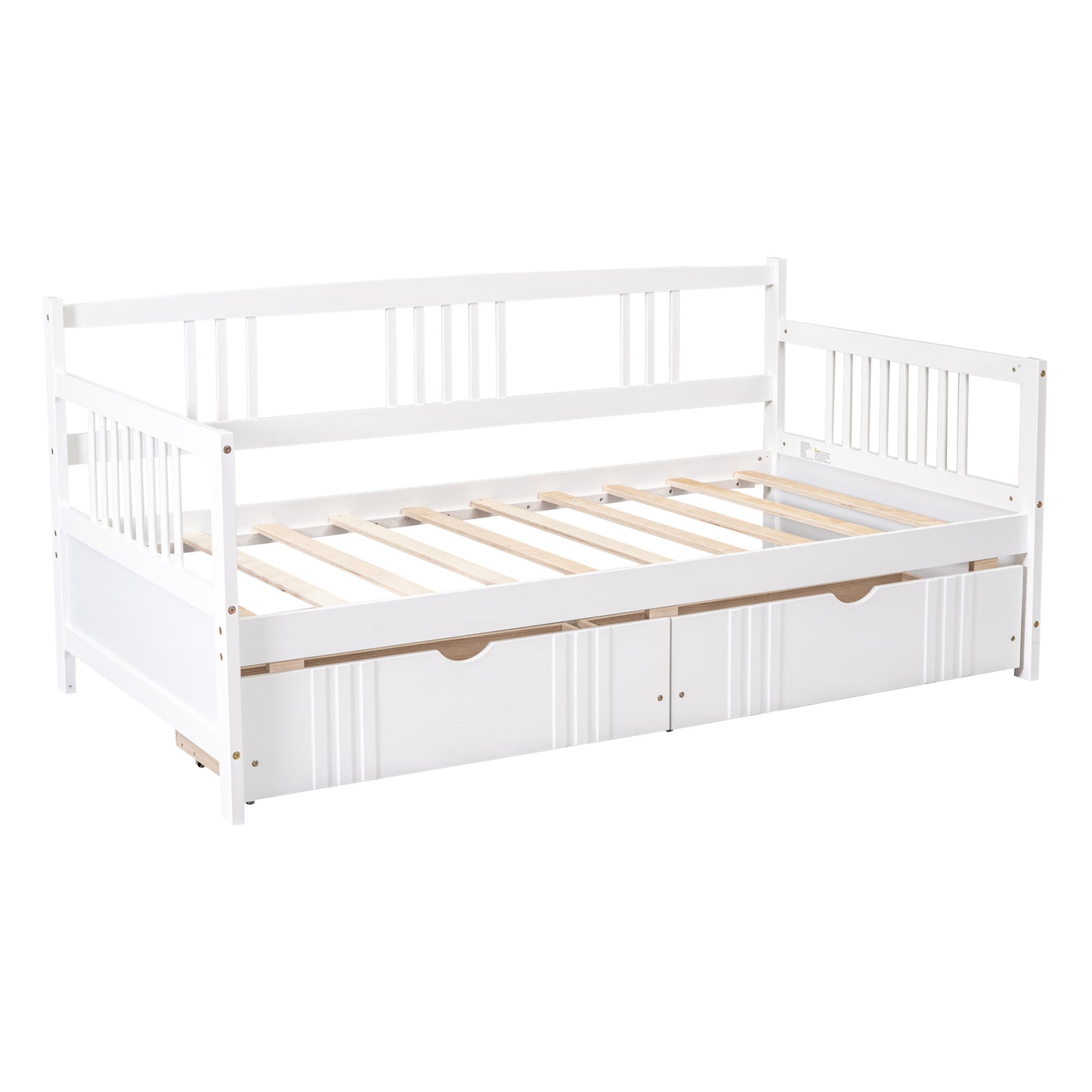 White wooden daybed with slatted base and two integrated storage drawers
