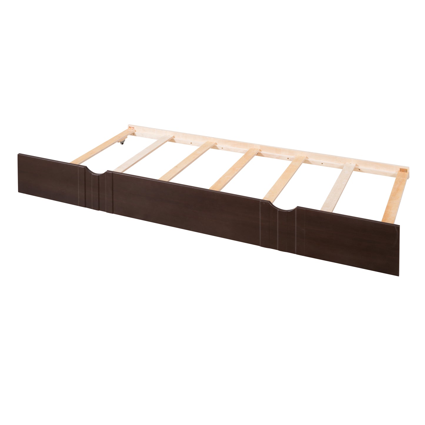Dark brown wooden toddler bed frame with slatted base