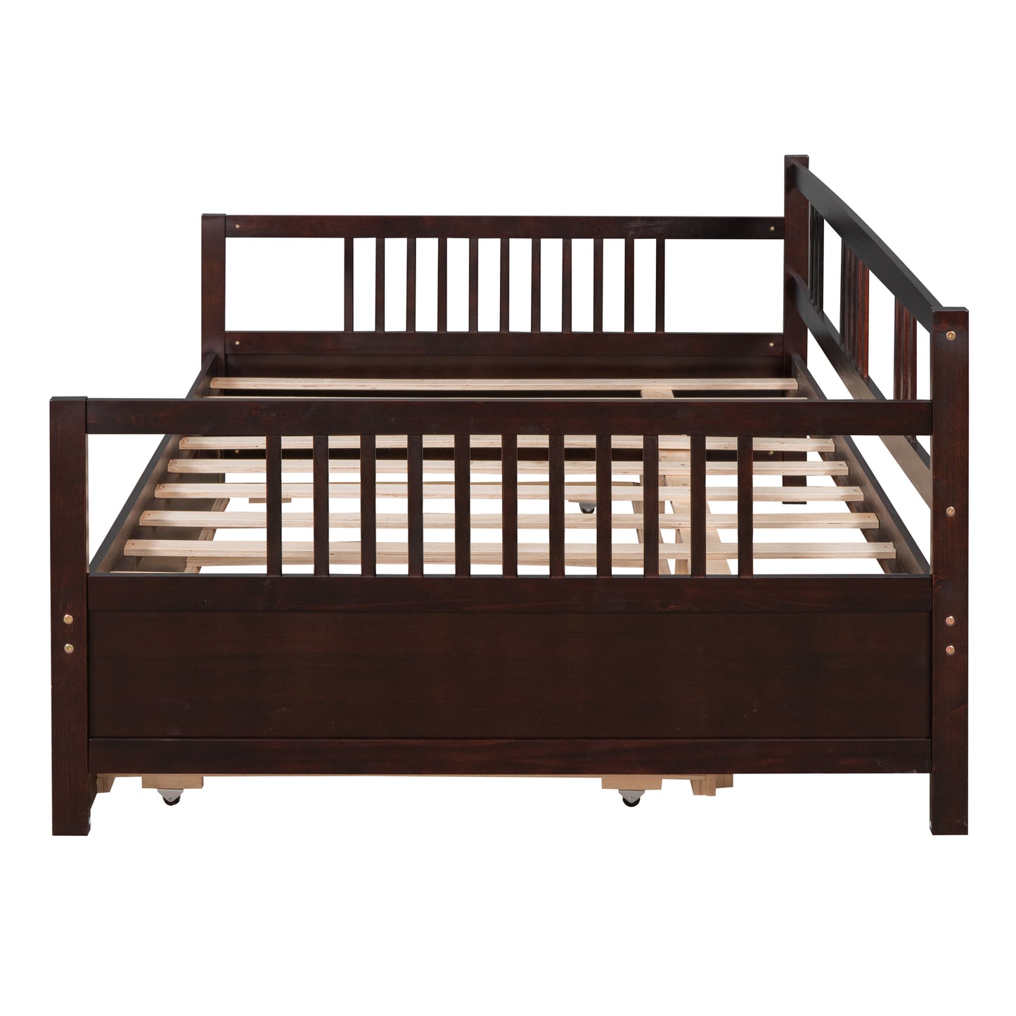 Dark brown wooden daybed frame with slatted support and visible casters