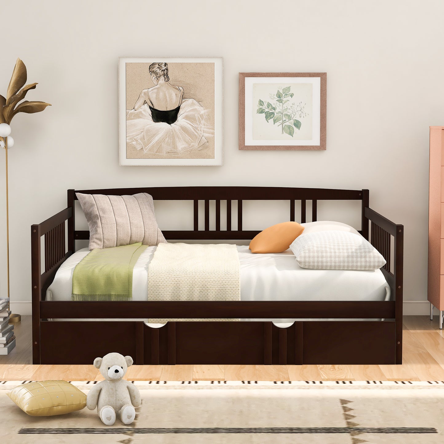 Dark brown wooden daybed with storage drawers and upholstered cushions