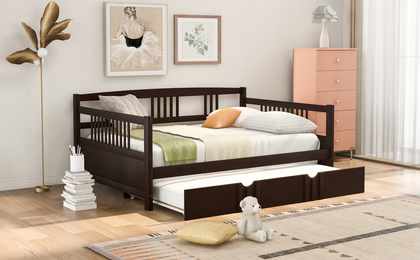 Dark brown wooden daybed with pullout trundle and white bedding