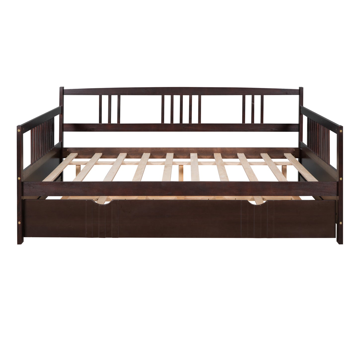 Dark brown wooden daybed with slatted frame and pullout trundle
