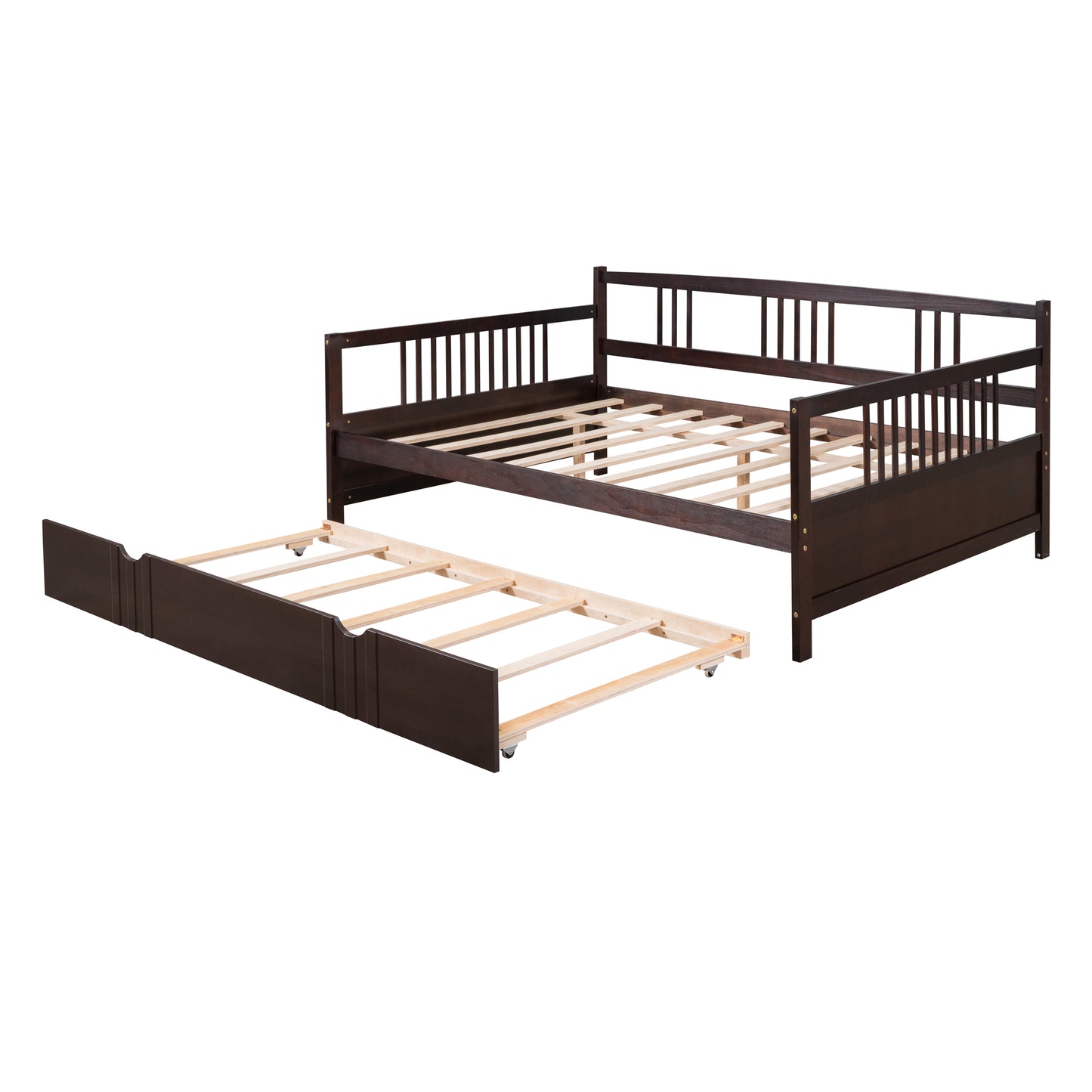 Dark brown wooden daybed with pullout trundle bed slatted wood support