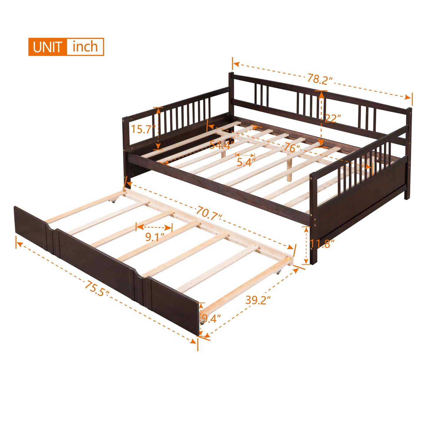 Dark brown wooden daybed with pullout trundle dimensions shown in inches for bedroom use
