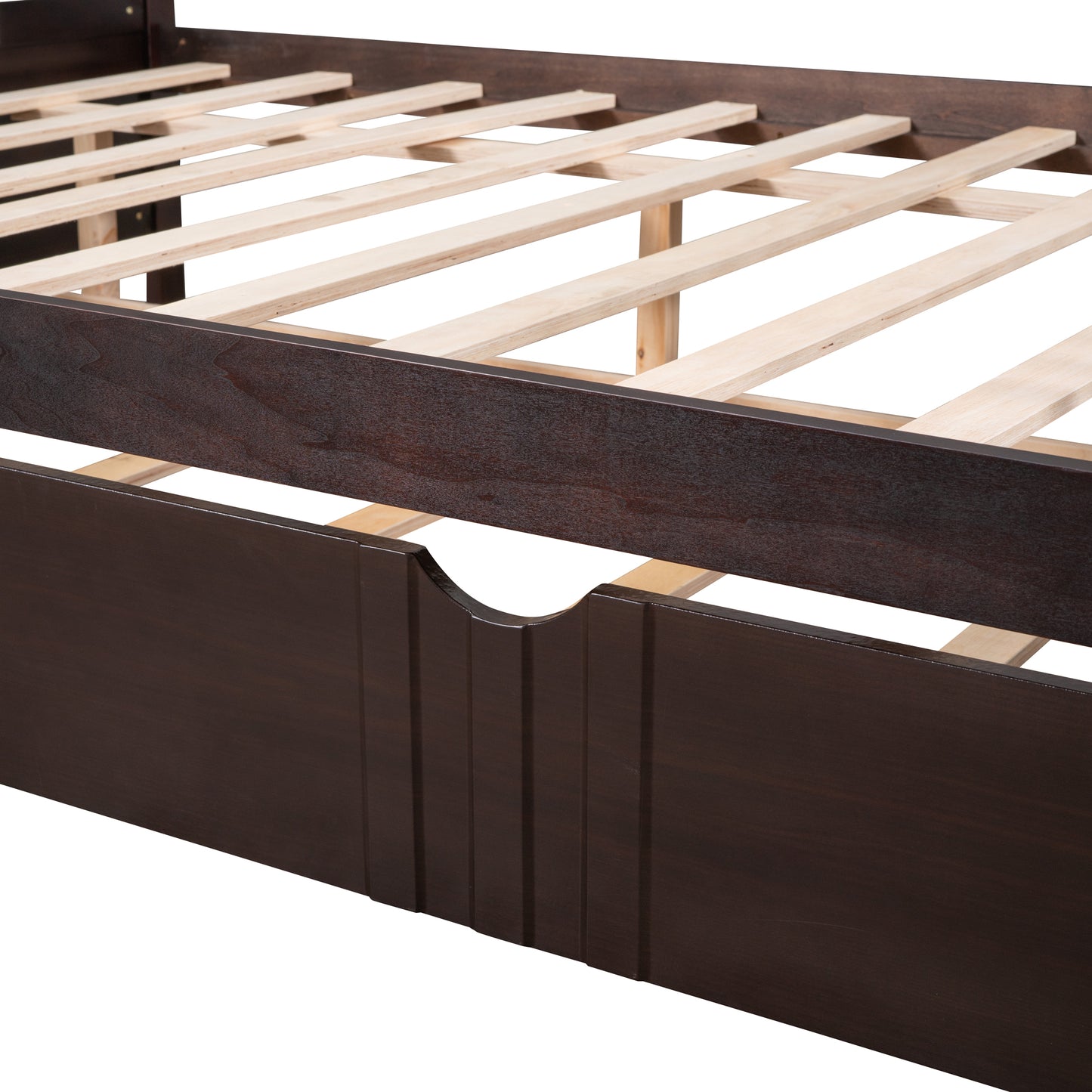 Dark brown wooden bed frame with slatted base