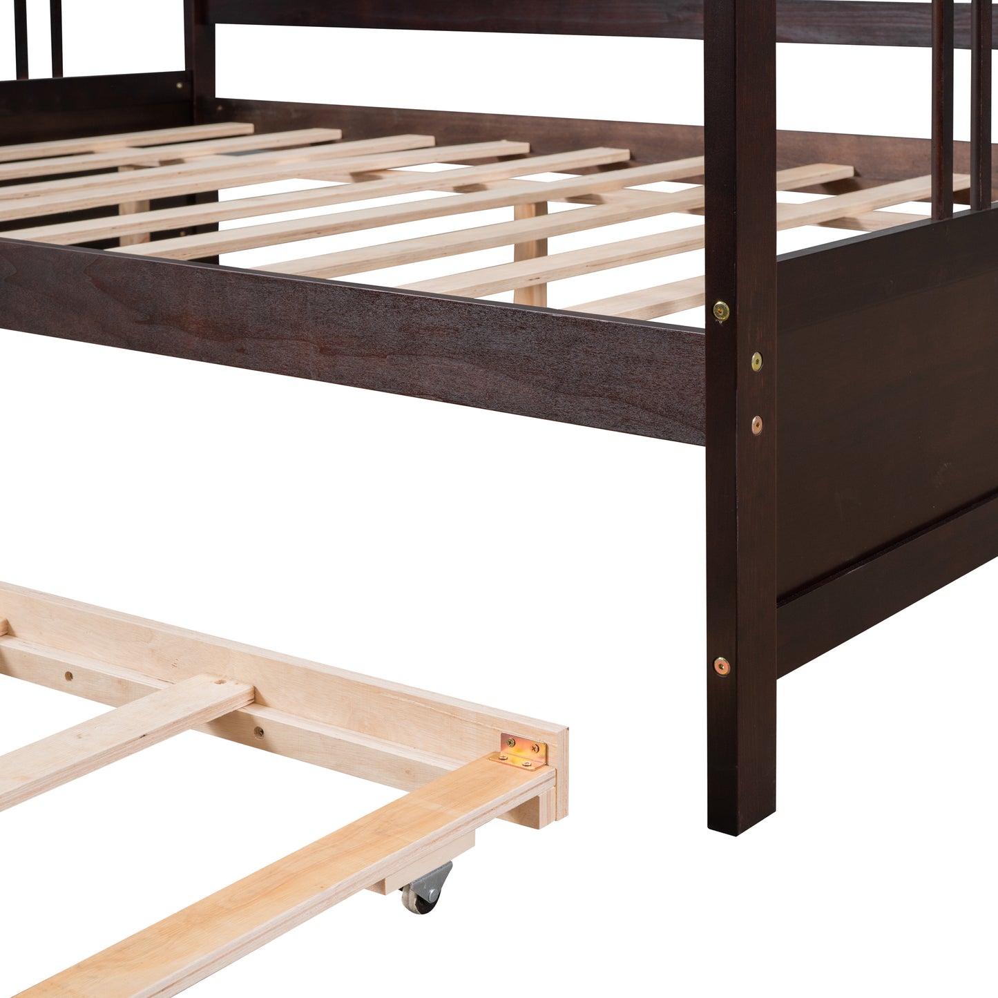 Dark brown wooden bed frame with exposed slats and wheels