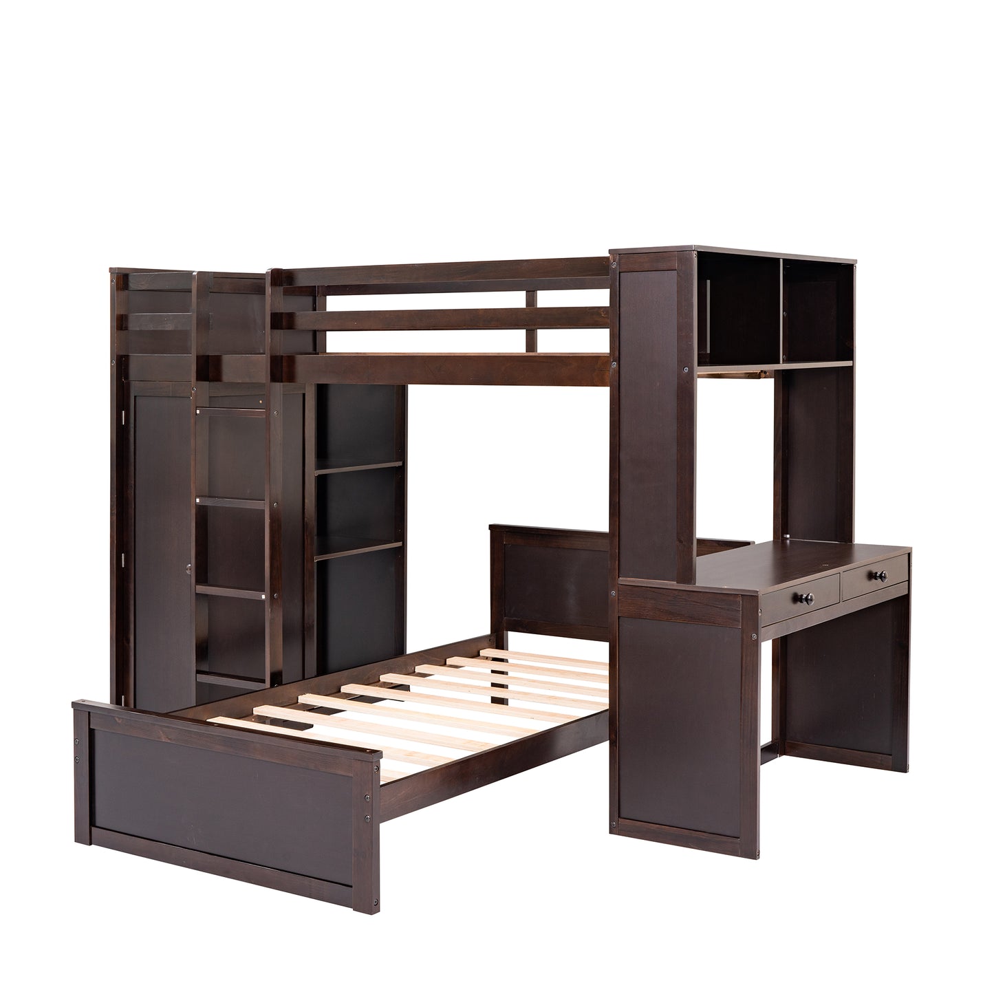 Dark brown wooden bunk bed with integrated desk and storage shelves for kids