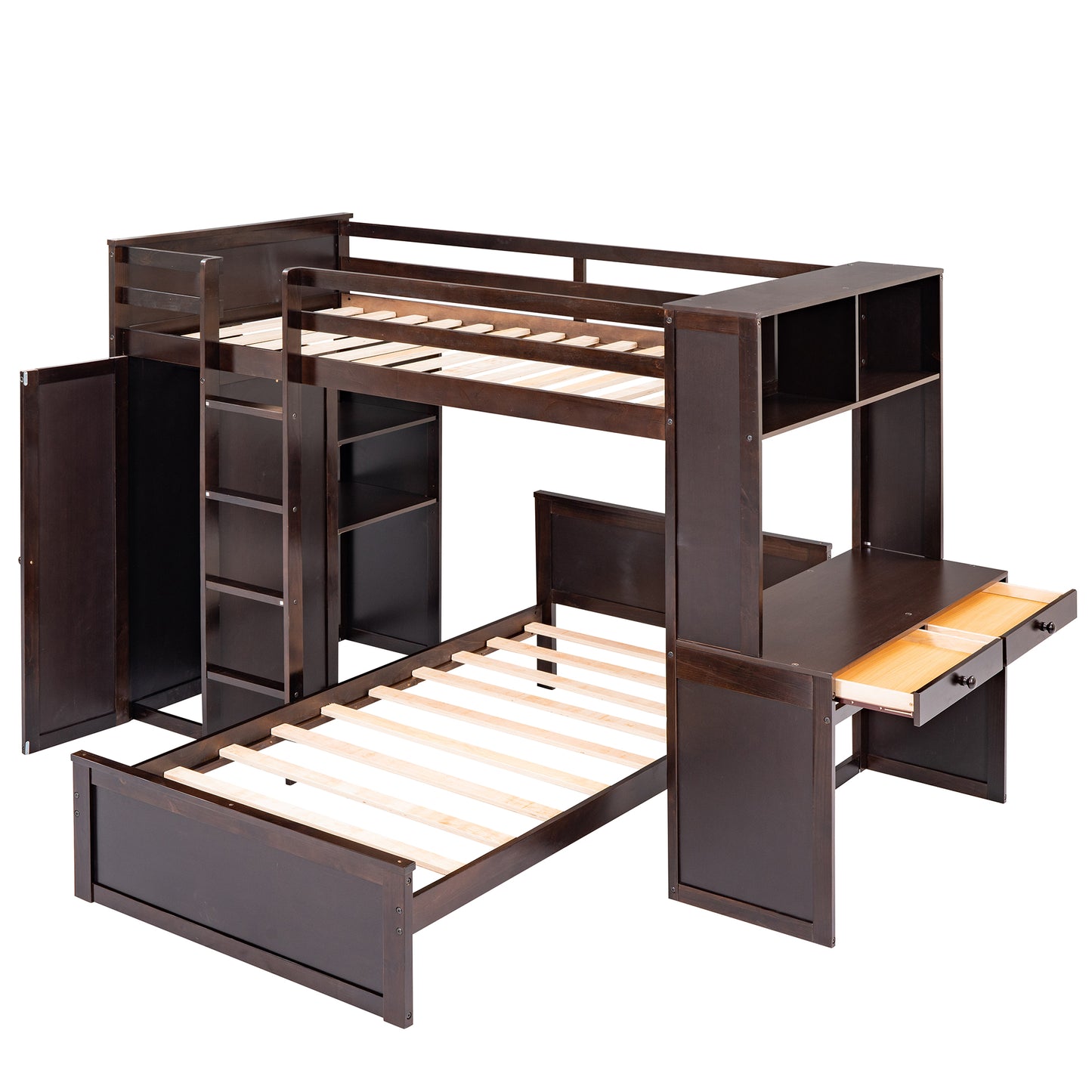 Dark brown loft bed with integrated desk shelves and storage cabinets for kids room