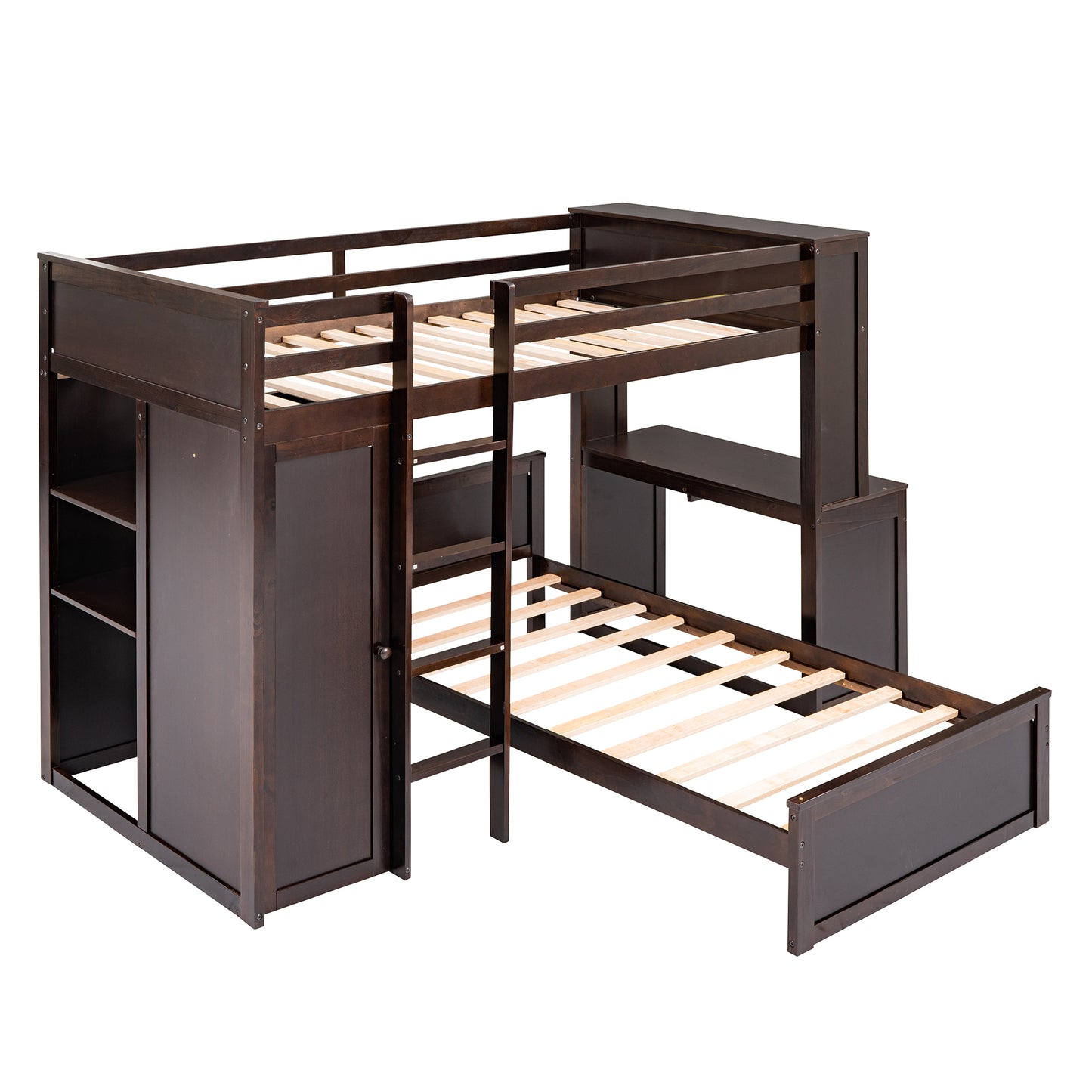 Dark brown wooden loft bed with desk and pullout trundle bed