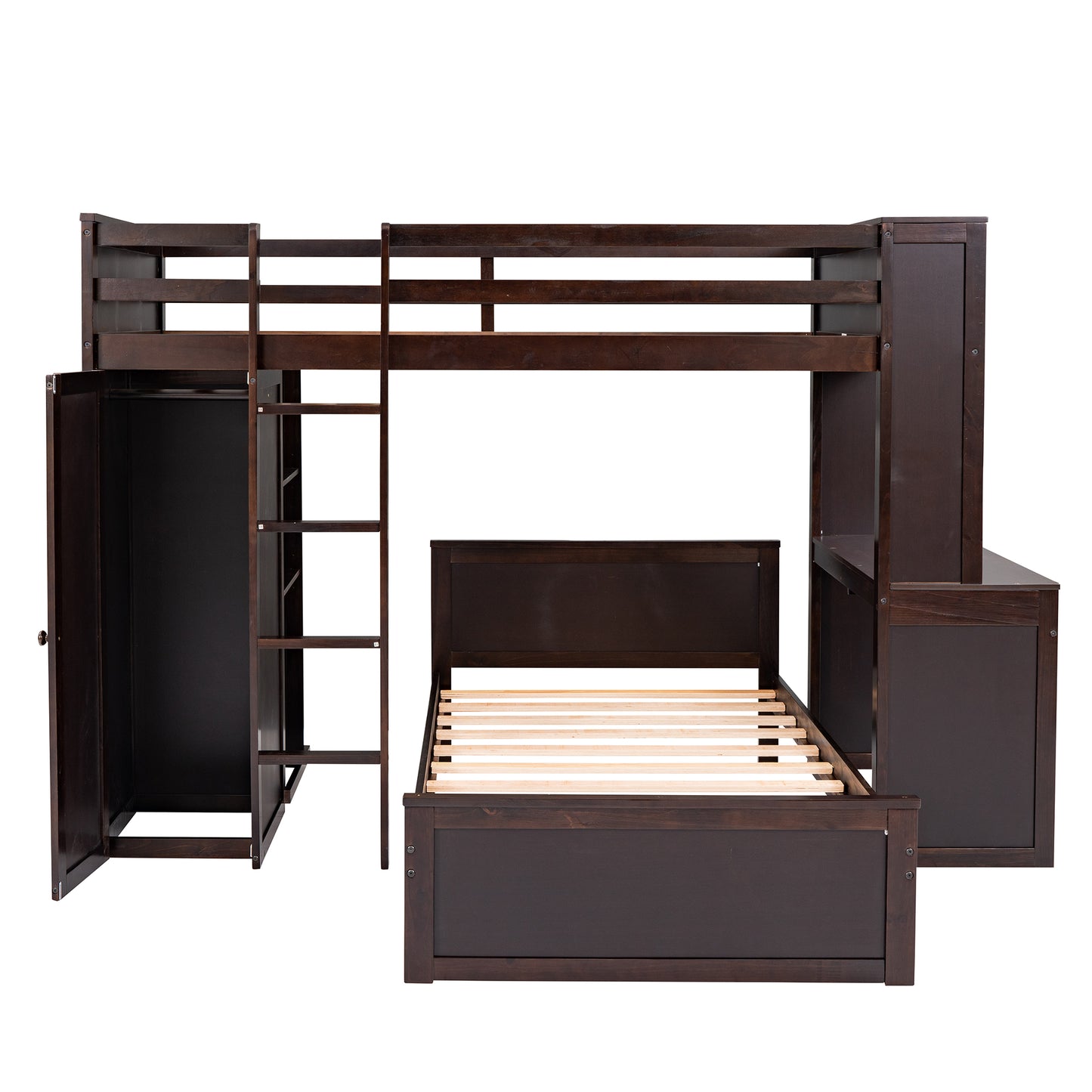 Dark espresso wood loft bed with integrated desk and wardrobe perfect for small rooms