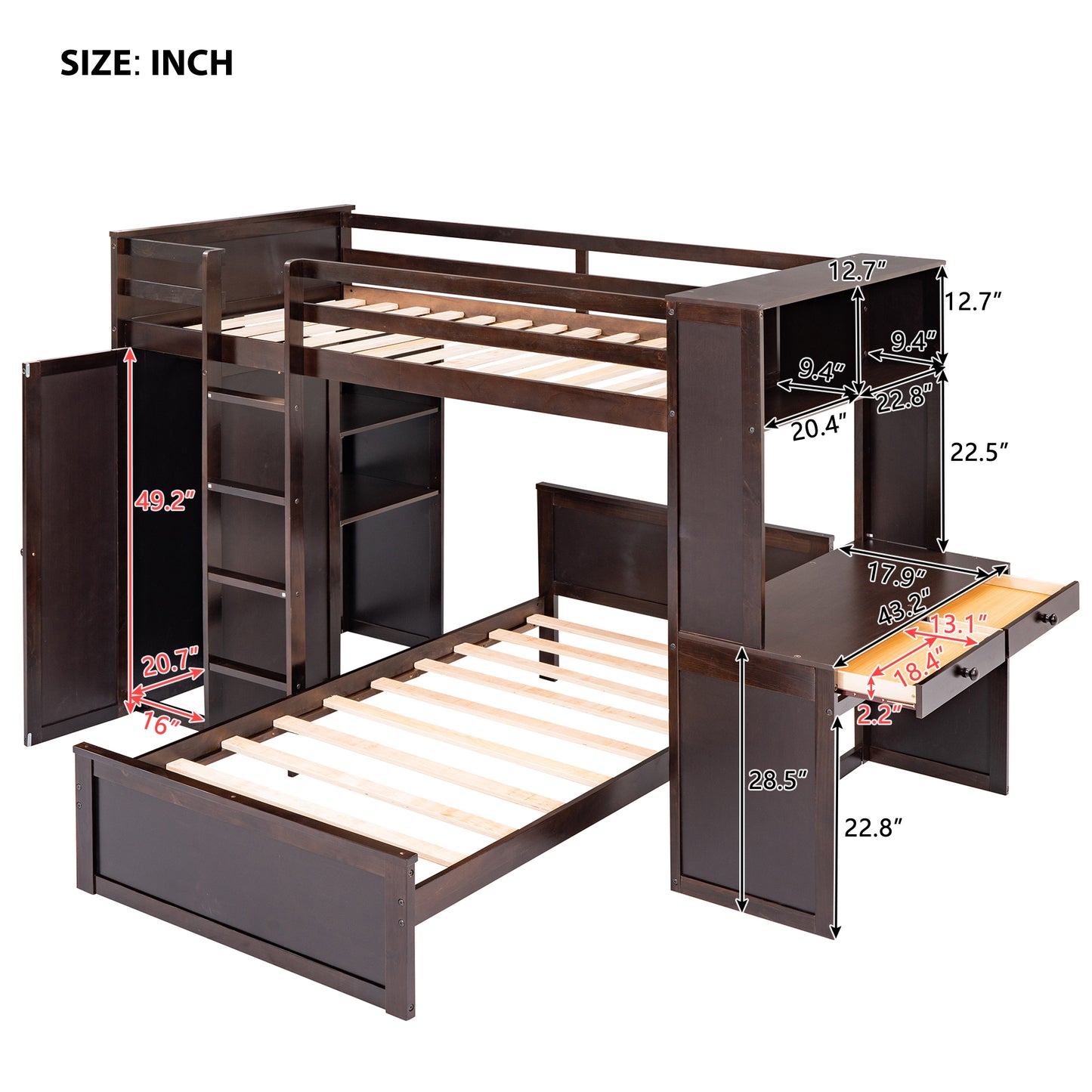 Dark brown bunk bed with desk and storage featuring a twin size lower bunk