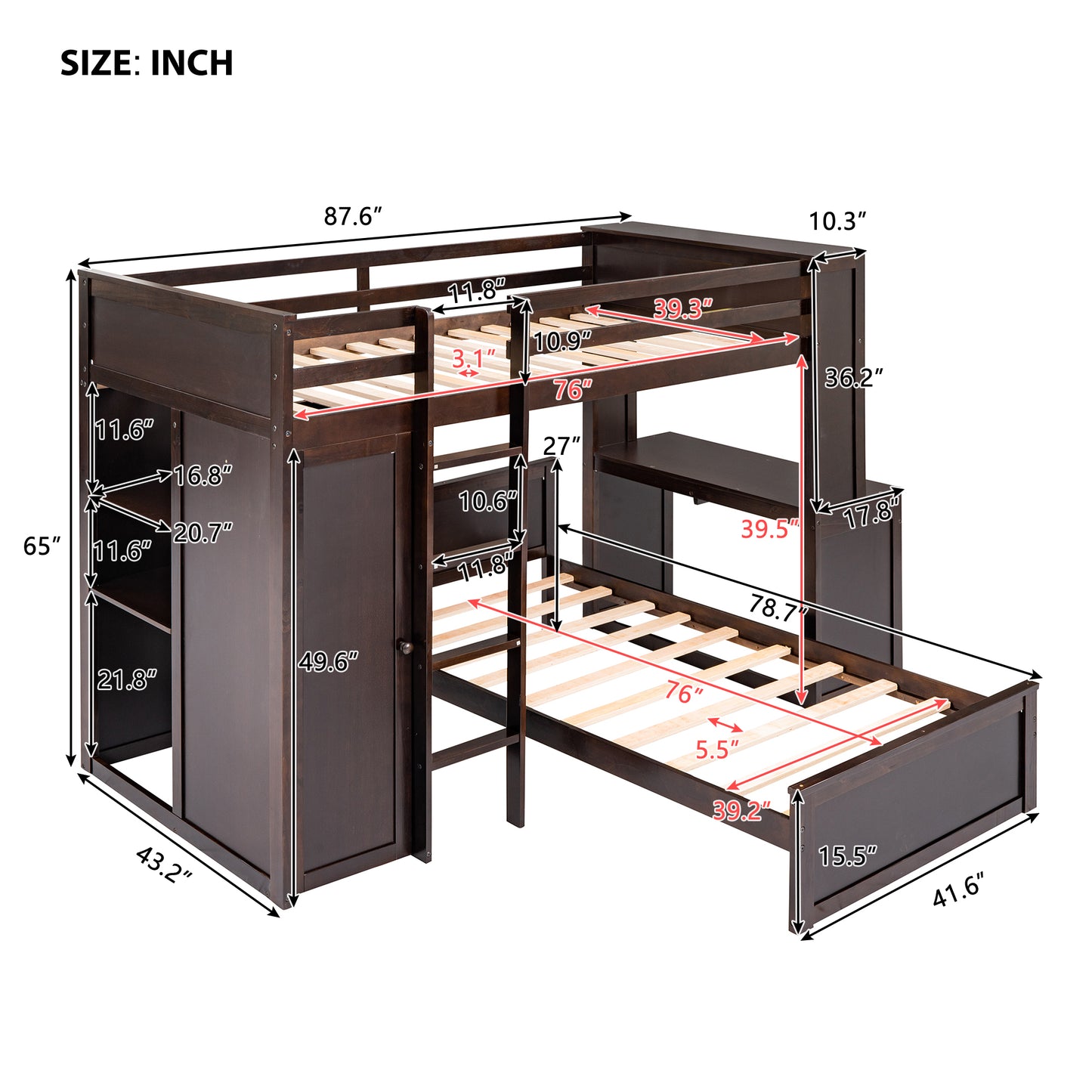 Dark brown wood bunk bed with integrated desk and storage shelves with dimensions clearly marked
