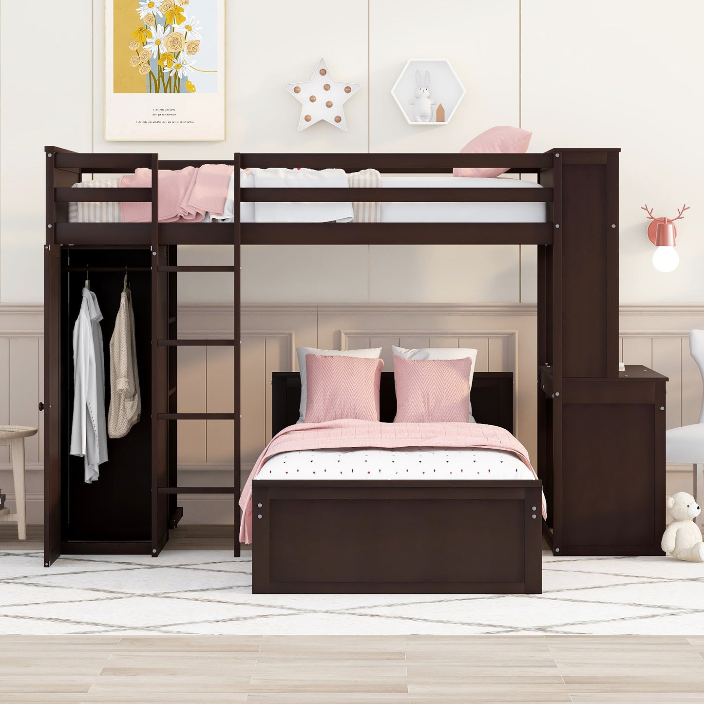 Dark wood loft bed with integrated wardrobe and desk for kids