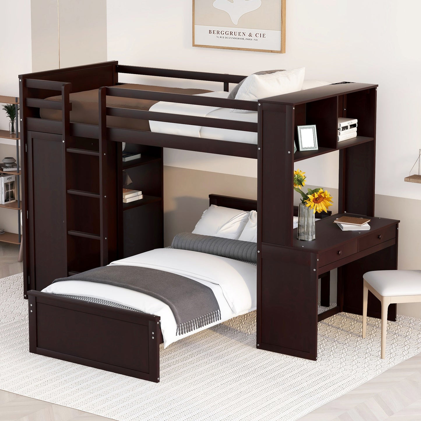 Dark brown wood loft bed with desk and storage perfect for kids rooms