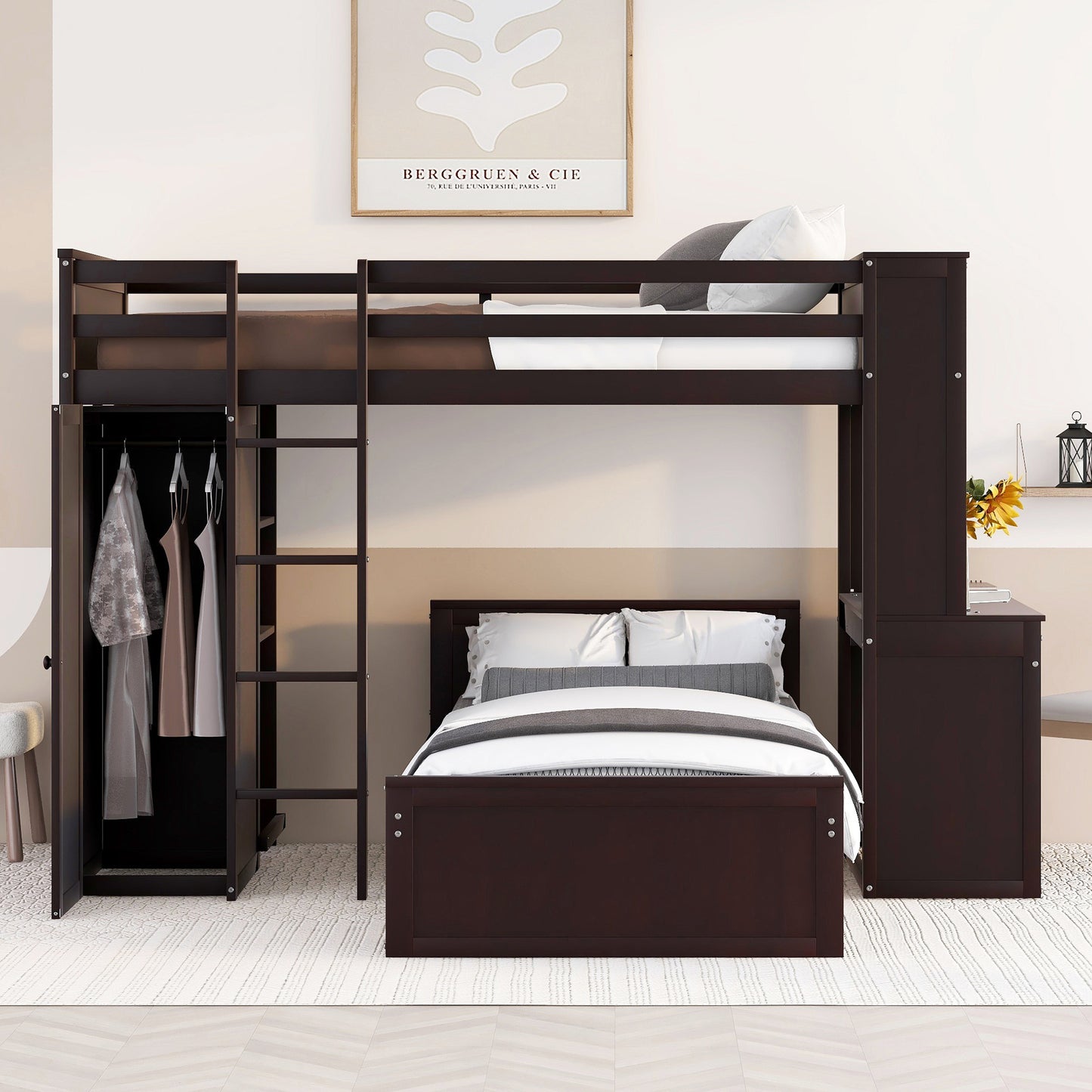 Dark wood loft bed with integrated desk and wardrobe for a childs room