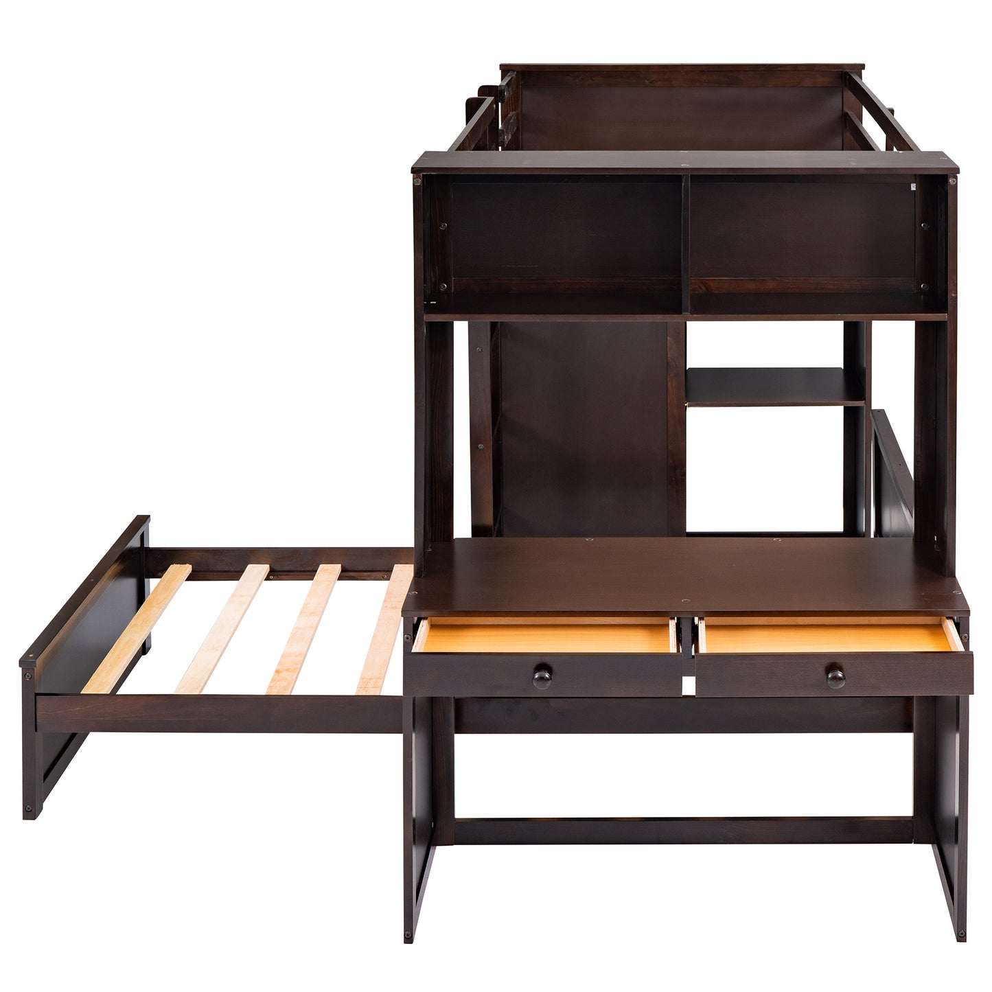 Dark brown wood loft bed with builtin desk and open shelves