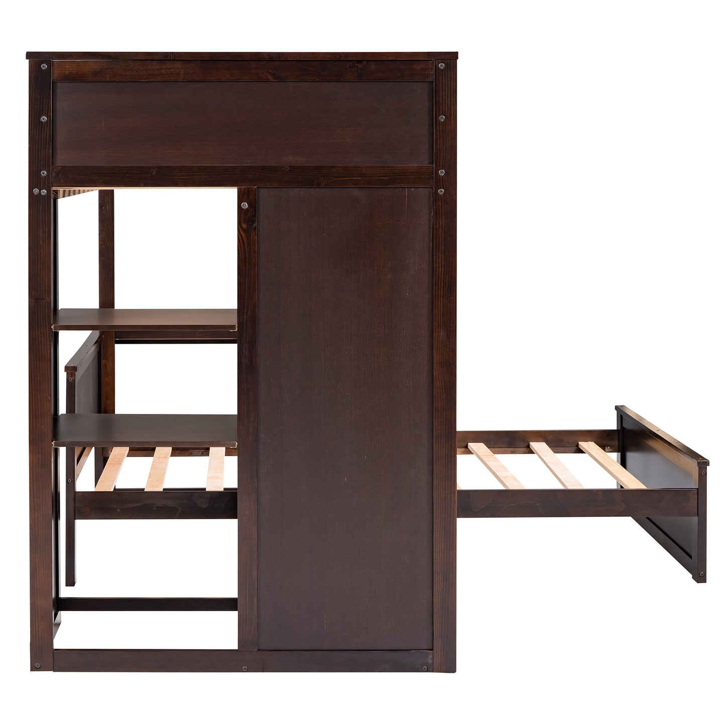 Dark wood loft bed with integrated shelves and pullout trundle bed