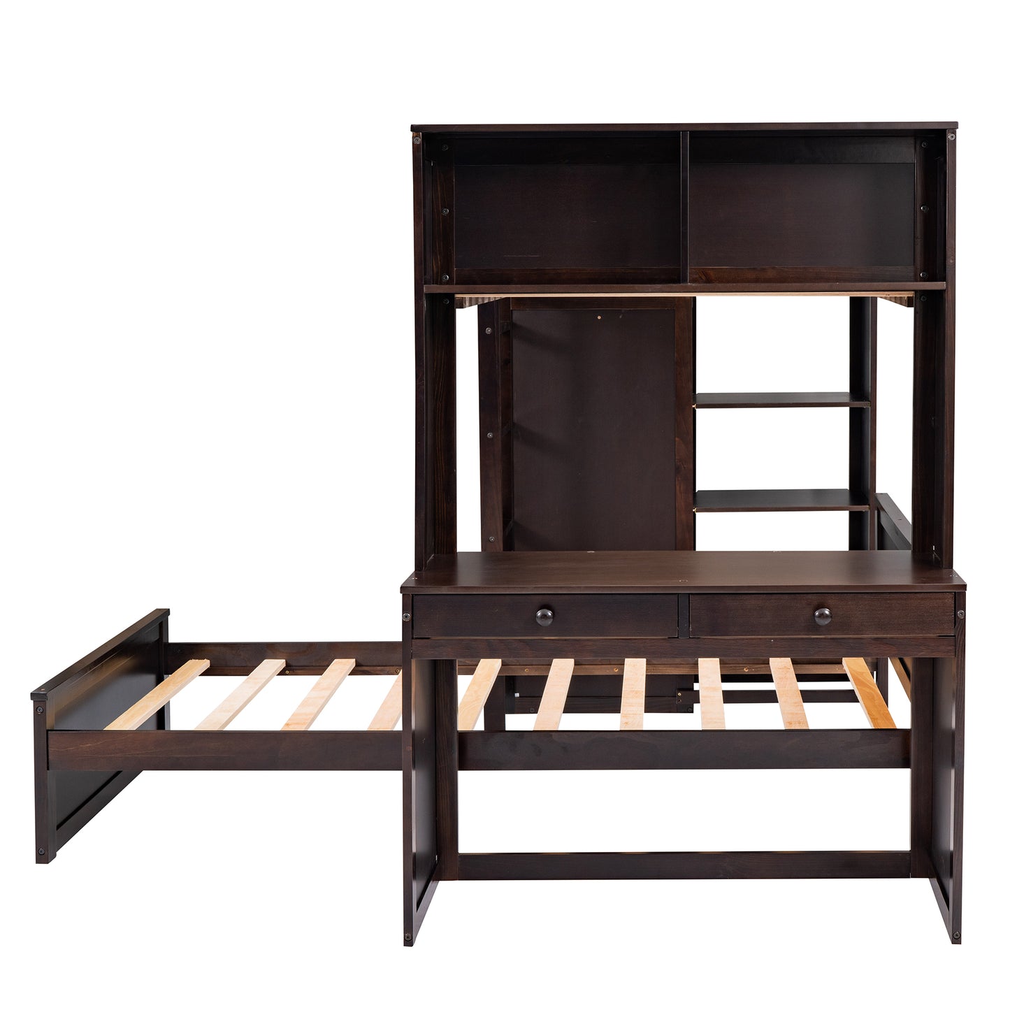 Dark espresso twin loft bed with desk and shelves