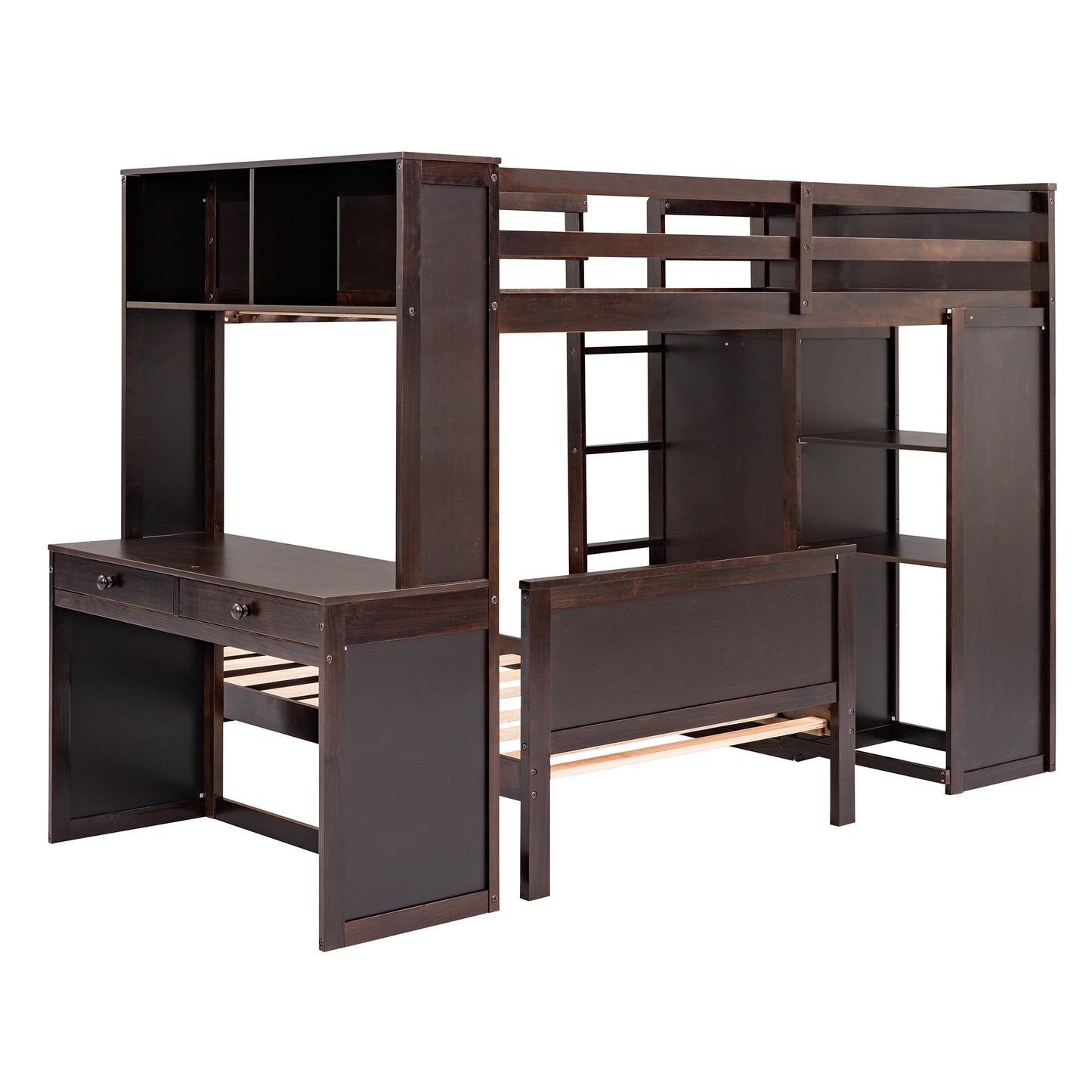 Dark brown wood loft bed with desk and shelves
