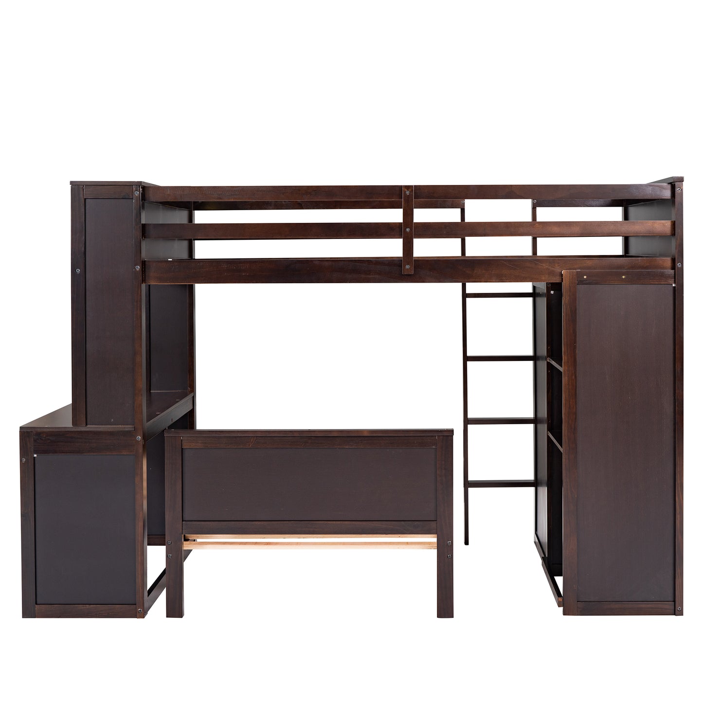 Dark wood loft bed with integrated desk and shelving ideal for small rooms
