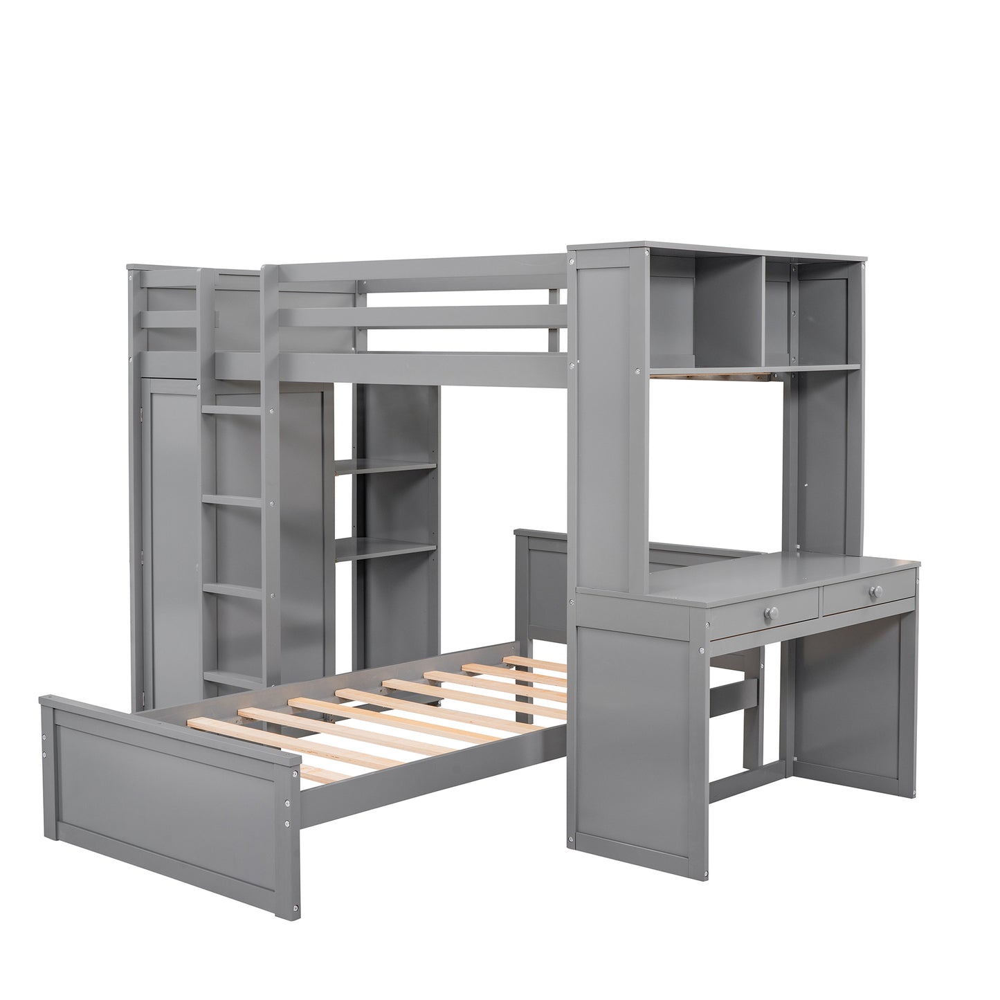 Grey wood loft bed with desk shelves and builtin closet spacesaving design