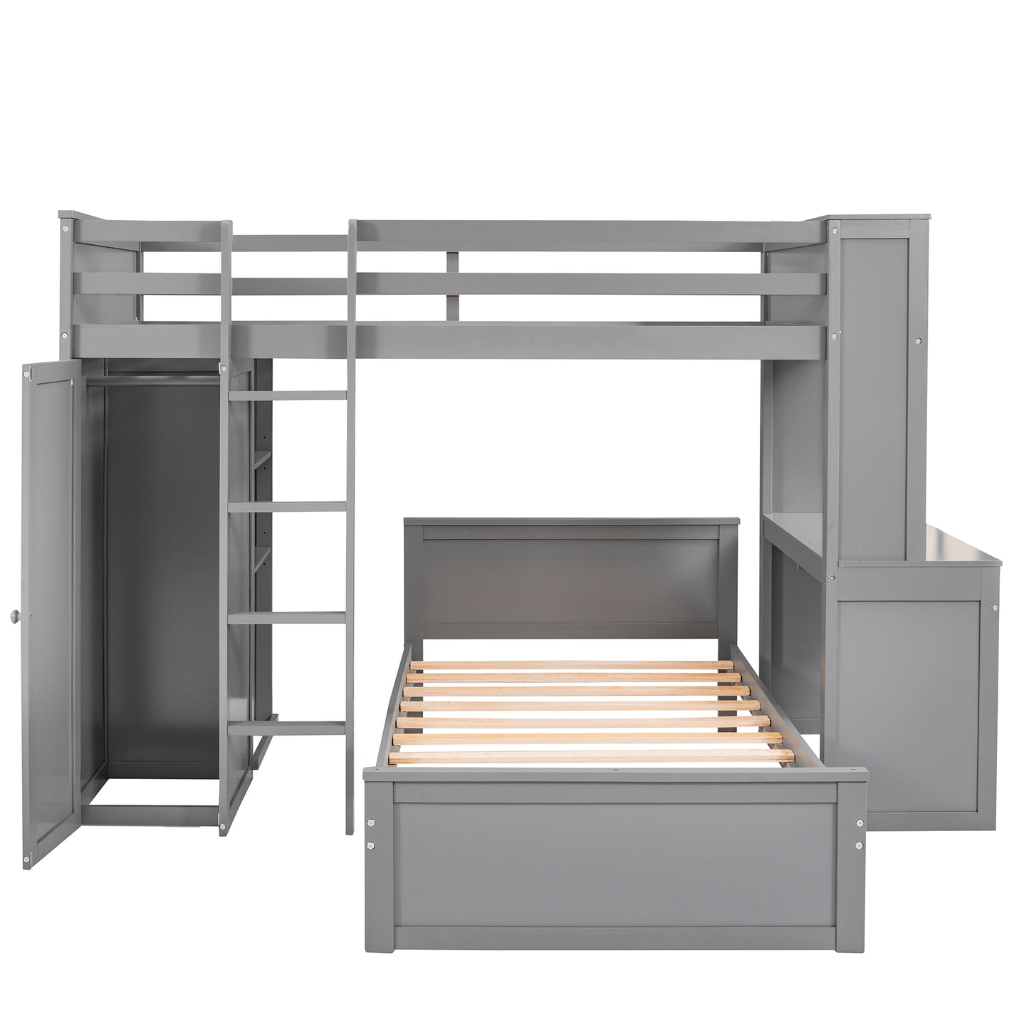 Gray loft bed with desk wardrobe and ladder ideal for childrens room