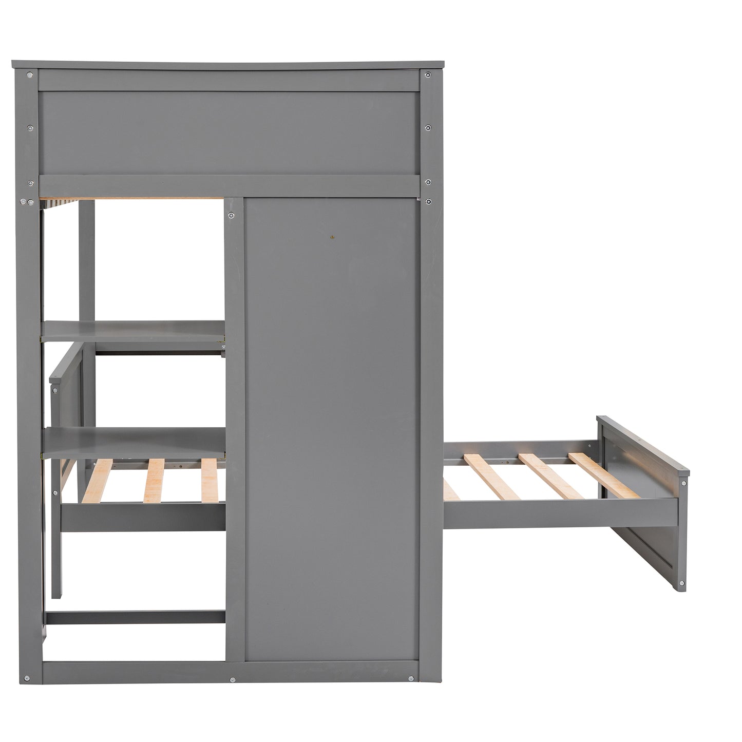 Gray loft bed with pullout trundle and shelving for a childs room