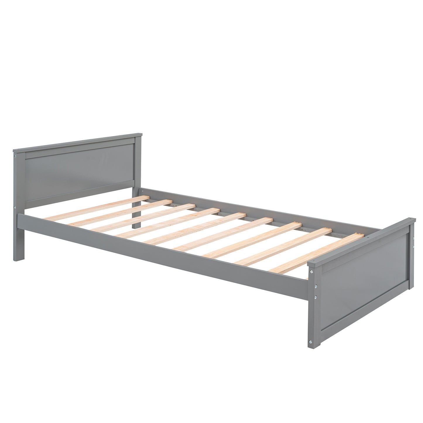 Gray wooden twin bed frame with slatted base modern design