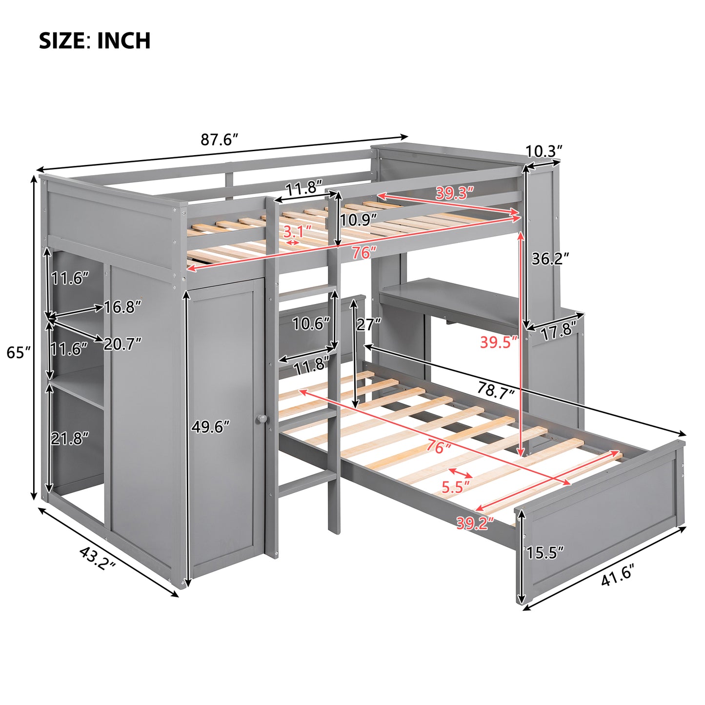 Grey Lshaped loft bed with desk and storage featuring dual sleeping areas and clear dimension markings