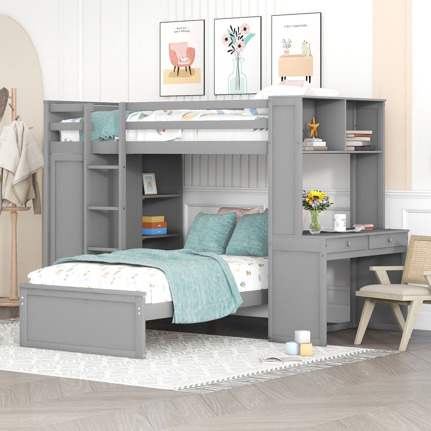 Gray wooden loft bed with desk and shelves perfect for childrens rooms