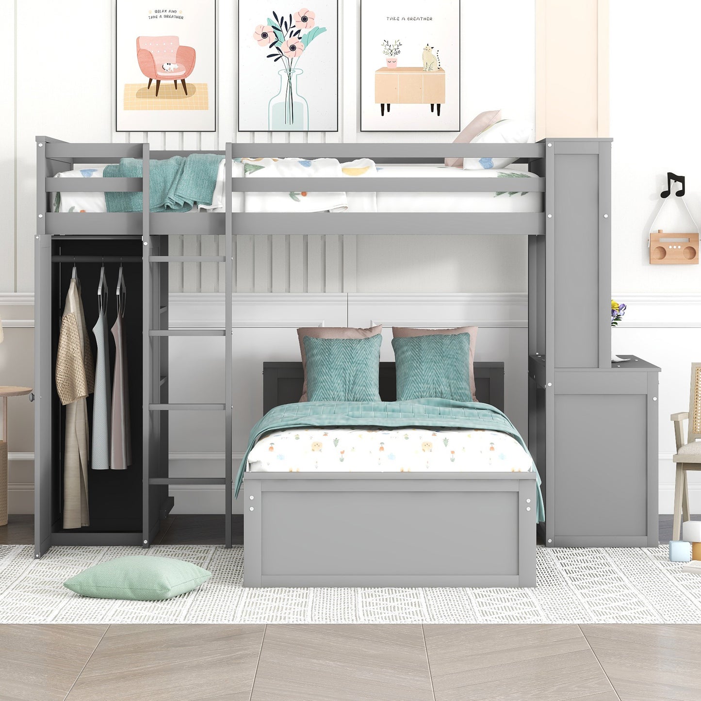 Gray loft bed with integrated wardrobe and desk for kids rooms