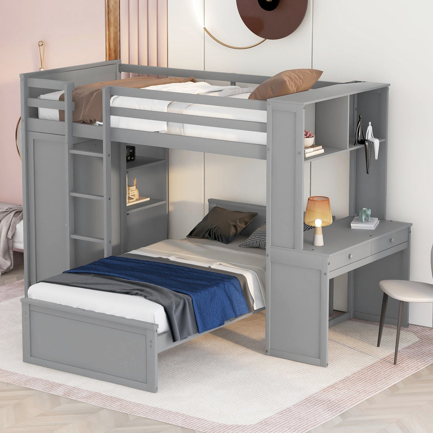 Gray wooden loft bed with desk and storage featuring two beds and integrated shelves