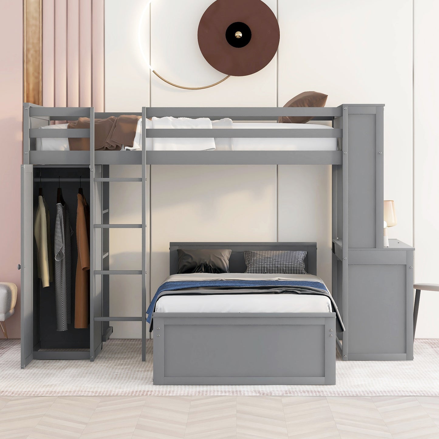 Gray wooden loft bed with builtin wardrobe and desk for kids room