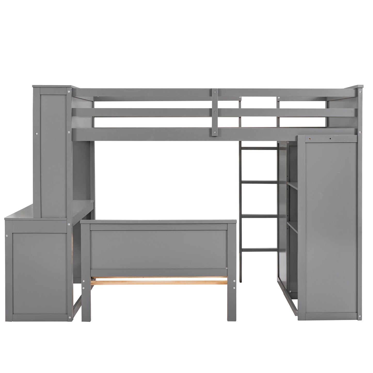 Gray twin loft bed with integrated desk shelves and storage cabinet
