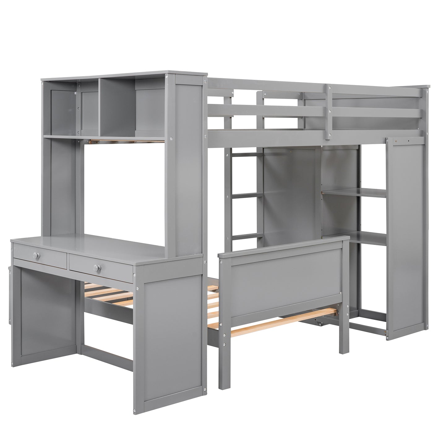 Gray loft bed with desk and shelves ideal for small rooms