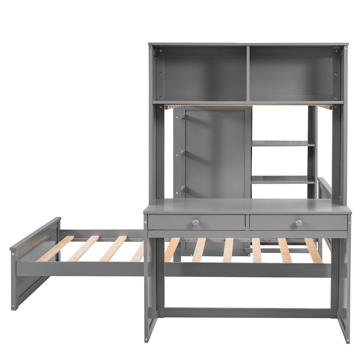 Gray loft bed with desk and shelves featuring wooden slats and two drawers